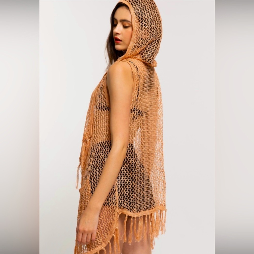 POL Sparkle Crochet Hooded Vest Women's Swim Suit Cover Up NWOT